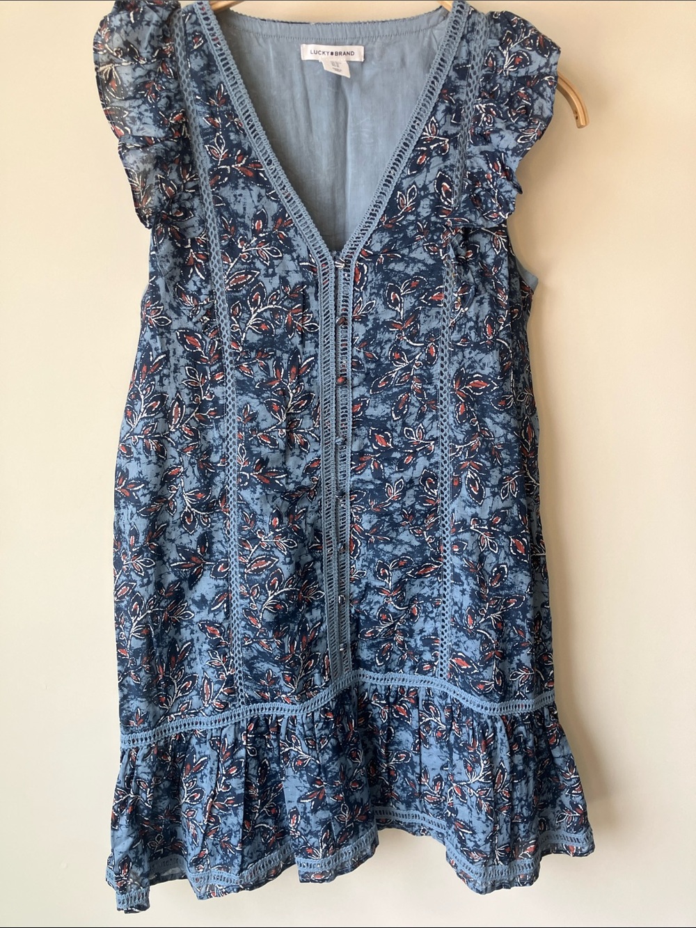 LUCKY BRAND Blue Floral Lace Trim Ruffle Shoulder Flounce Mini Dress Size M GUC